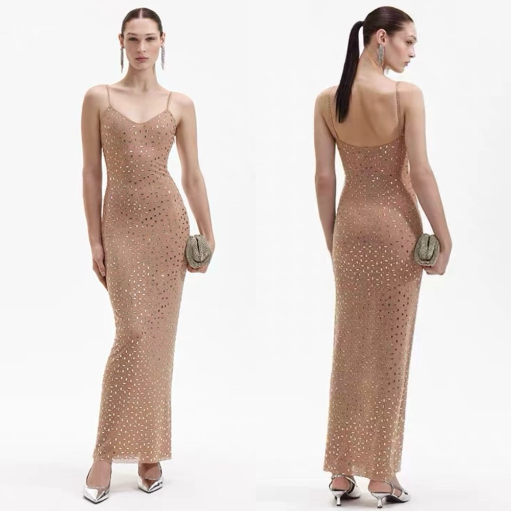 Self-Portrait Rhinestone Mesh Maxi Dress in Gold